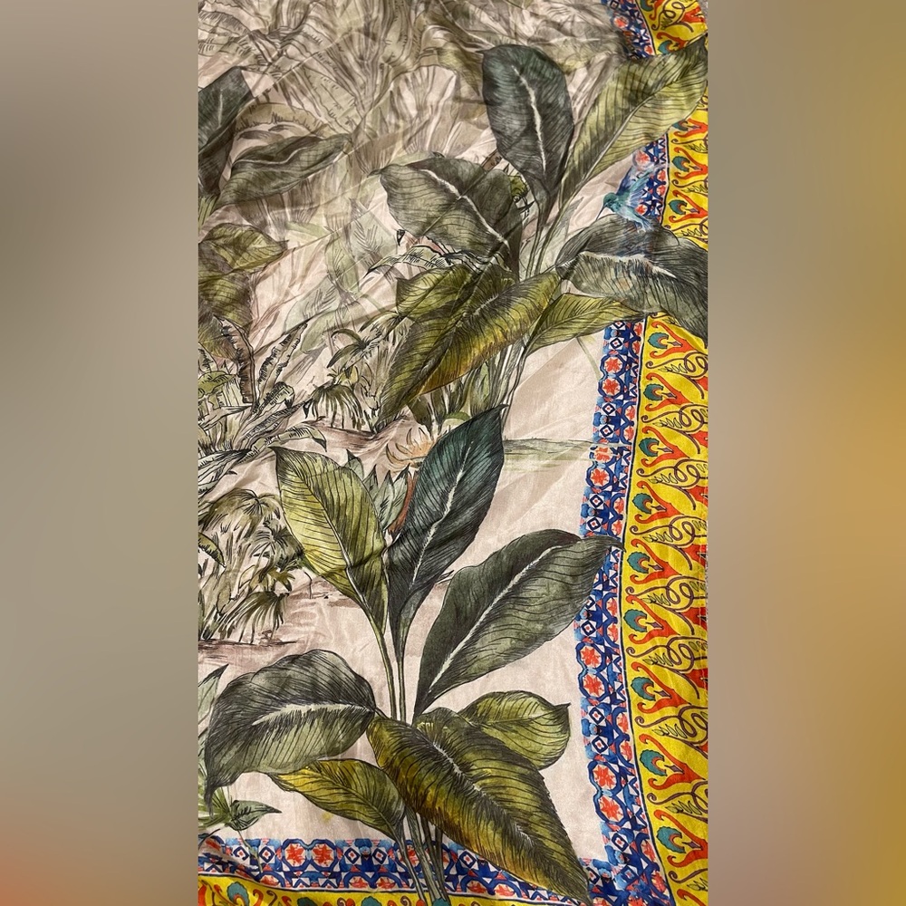 JOHNNY WAS Silk Scarf Tiger Botanicals Parrot Boho Wrap w/ Tassels - Picture 3 of 7